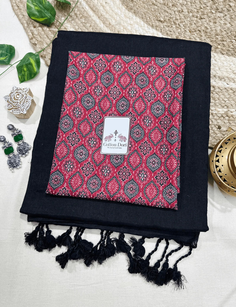 Premium Handloom Cotton Saree - Charcoal black saree with beautiful printed blouse - Cotton Dori