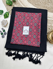 Premium Handloom Cotton Saree - Charcoal black saree with beautiful printed blouse - Cotton Dori